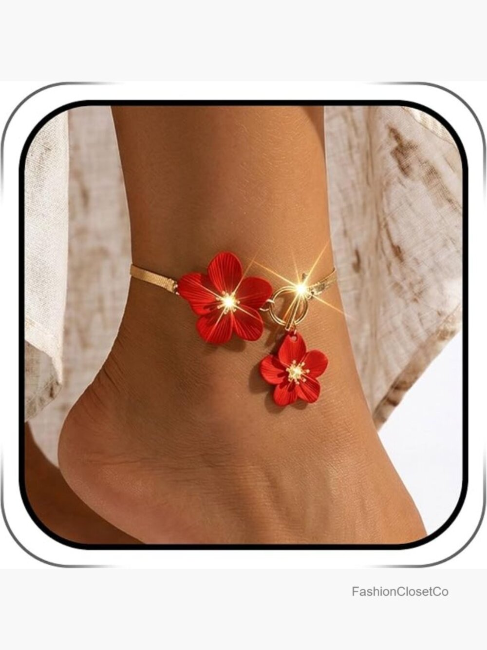 Rose Gold Flower Ankle Bracelet with Toggle Clasp, Floral Charm Anklet